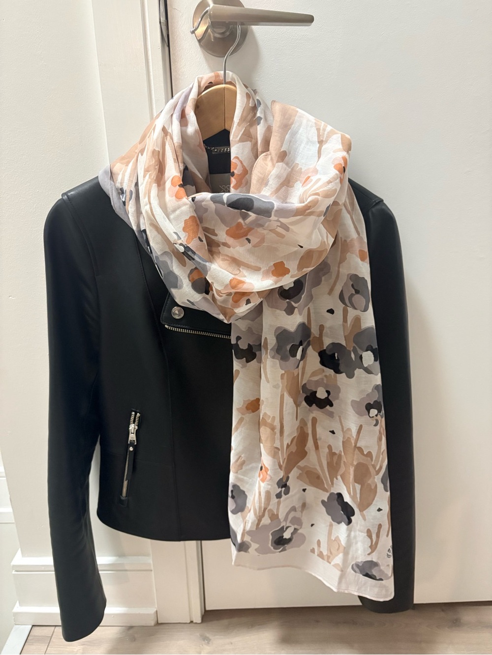Lightweight Floral Silky Scarf in Beige & Gray